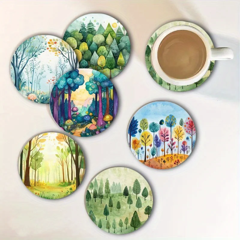 2D Forest Landscape Art Wooden Coasters Lightweight Heat Resistant Non-Slip for Bar Cafe Office Home Decor Housewarming Gift