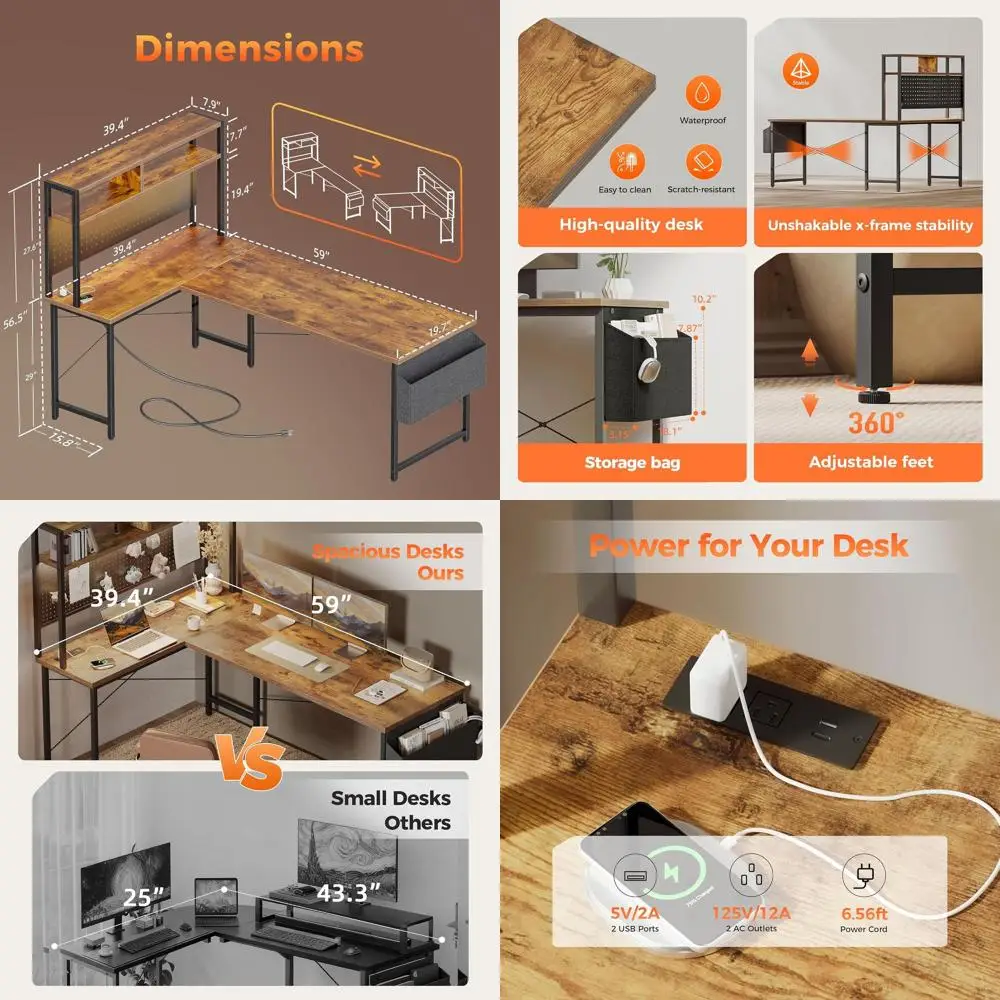 

П-образный стол 59 дюймов с перфорированной панелью, игровыми функциями, светодиодной подсветкой, местом для хранения, универсальный для дома или офиса, коричневый