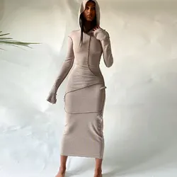 Dulzura Women 2024 Autumn Winter Fashion Long Sleeve Streetwear Bodycon Black Long Dress Wholesale Items For Business