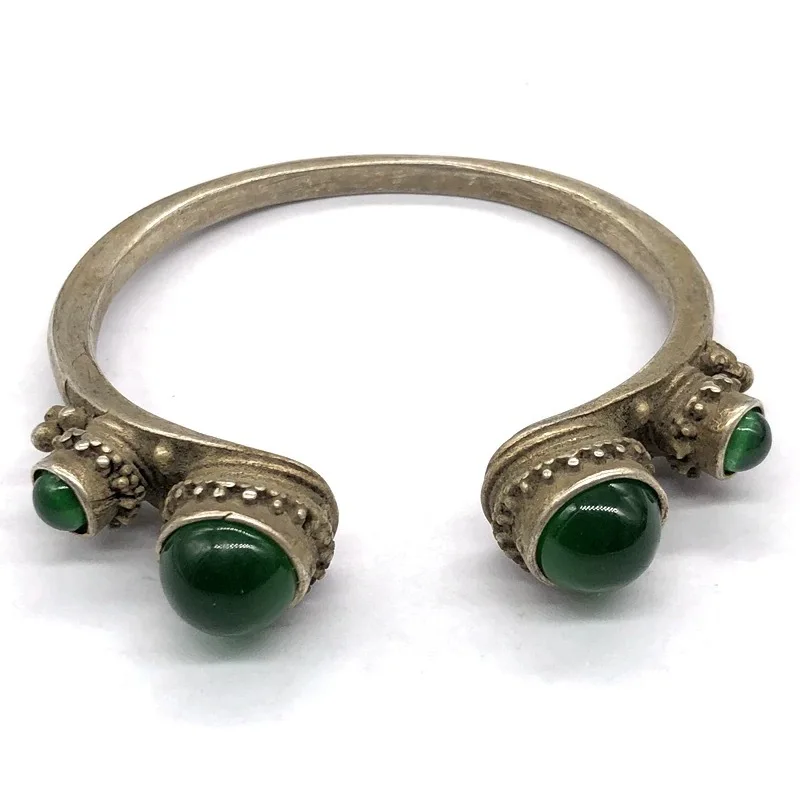 Antique Collection Vintage Old Silver Inlaid Green Chalcedony Red Agate Bracelet Miao Silver Opening Ladies' Bracelet Wholesale