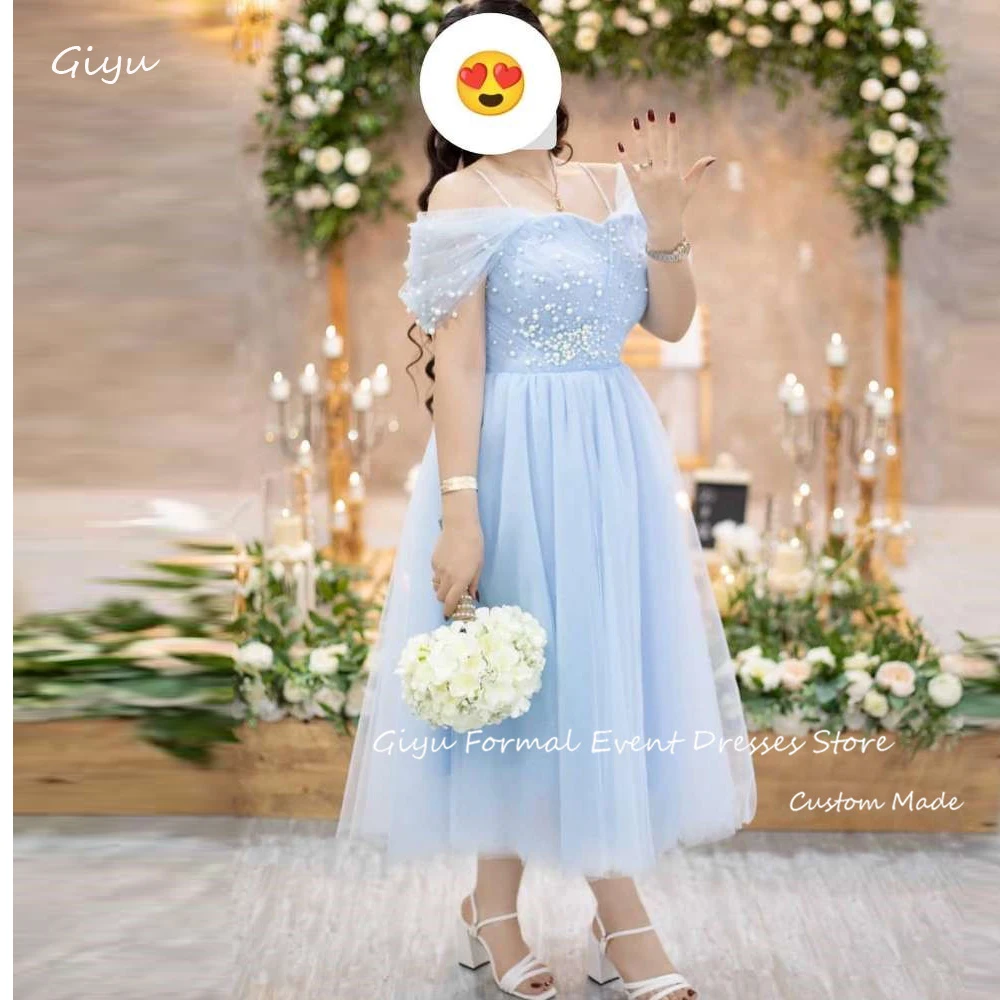 

Giyu Elegant Light Blue Tulle Prom Dresses Formal Party Dubai Arabic Women Pearls Tea Length Plus Size Evening Gowns Birthday