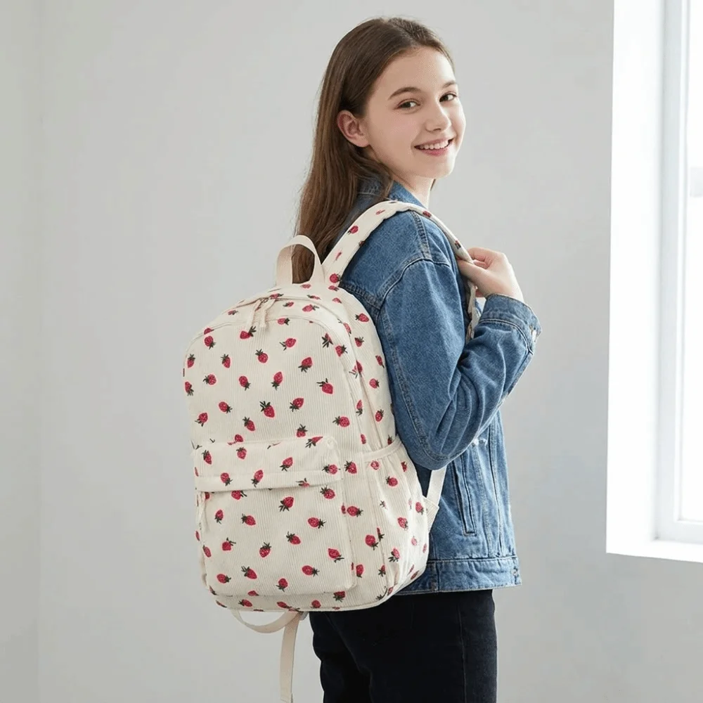 Strawberry Corduroy Backpack Lightweight Large Capacity Students School Bag Solid Color Adjustable Shoulder Straps