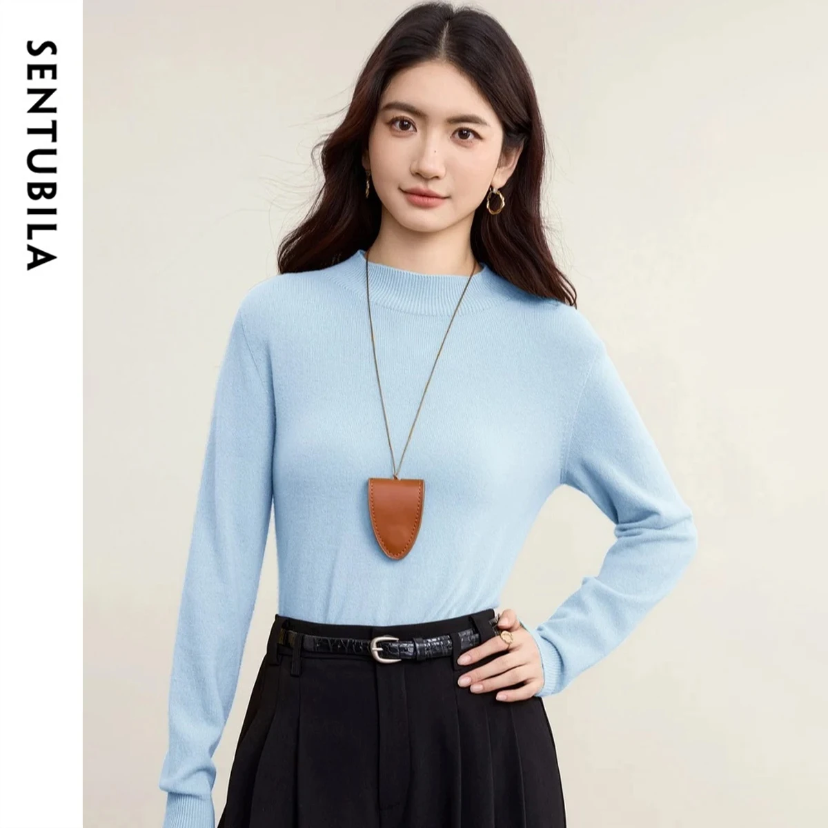 

SENTUBILA женский кашемировый шерстяной пуловер, свитер, осень 2024, бесшовный мягкий ребристый полуводолазка, теплый вязаный топ W53EF2795