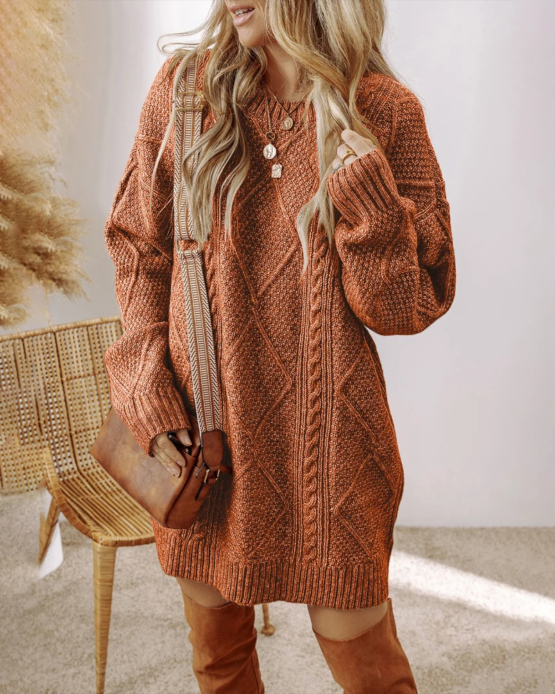 

Casual Loose Fit Cable Knit Pullover Mini Dress Round Neck Long Sleeve Sweater Dress Winter Vestidos casuales juveniles