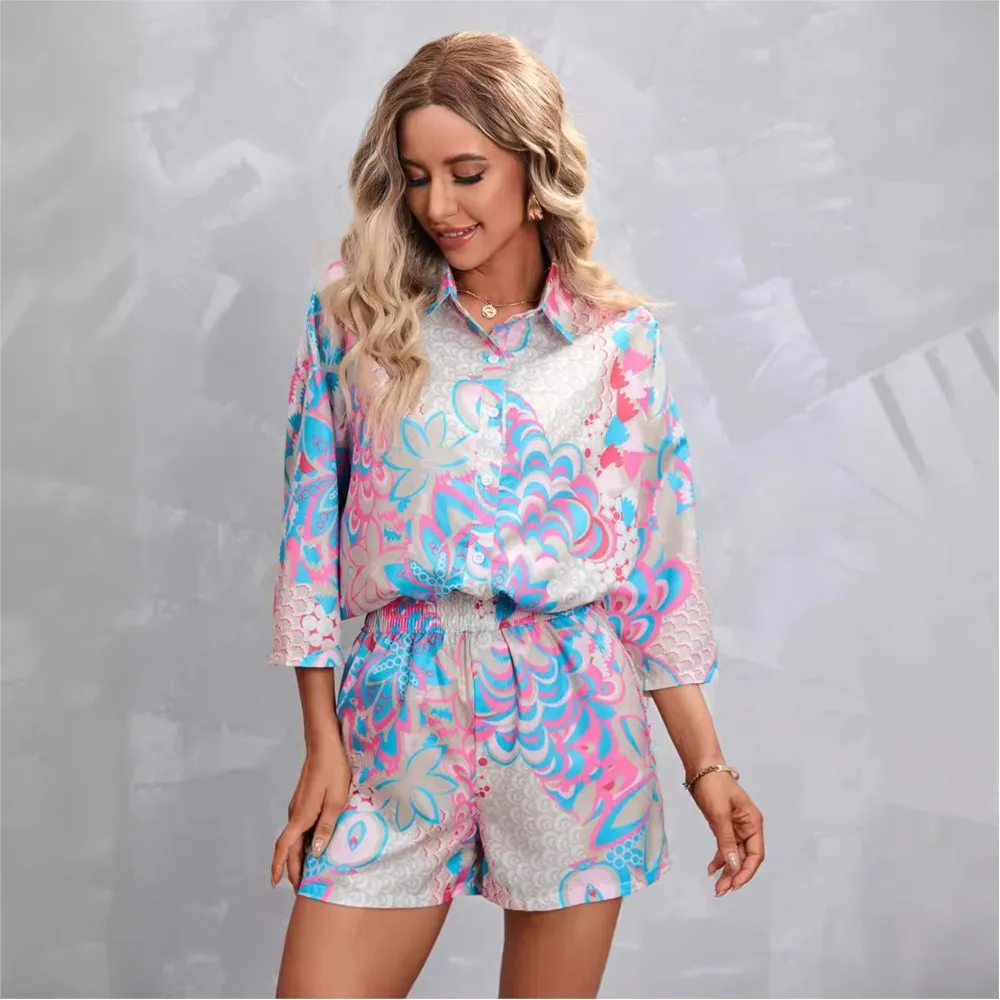 Floral Print Shirt Women Two-piece Set Women\'s Shirt Shorts Sets Fashion Lapel Collar Loose Fit For Outfits 2024 Spring Summer