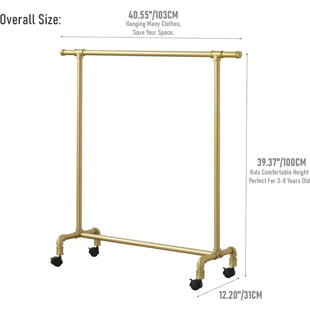 Kids Rolling Clothes Rack with Hooks, Portable Metal Garment Hanger for Children's Room Organization