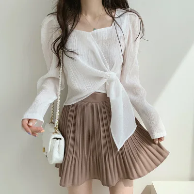 Women's Shirts and Blouses with Bow Clothing Crop Top for Woman See-through White Full Sleeves Transparent New Collection 2024