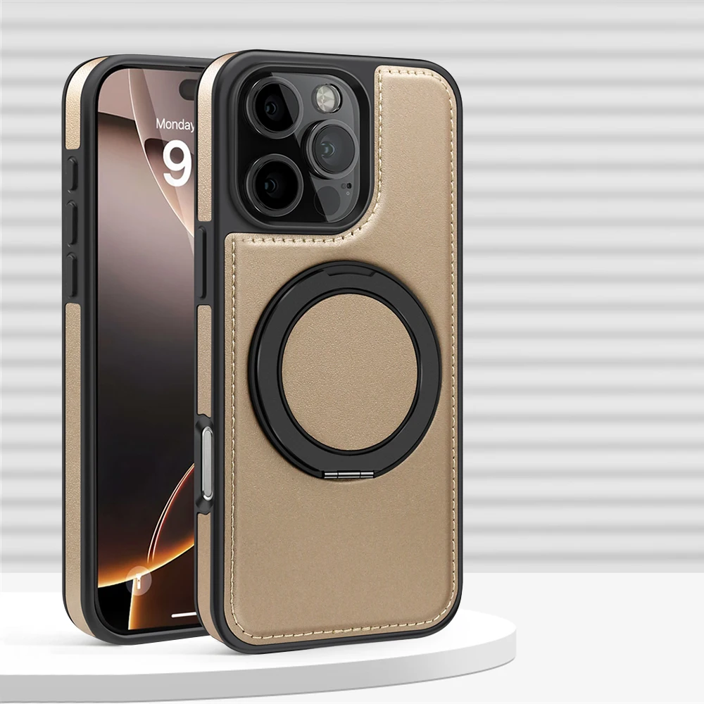 

360° Magnetic Rotating Holder Leather PU Case For iPhone 16 15 Pro Max 14 13 12 For Magsafe Wireless Charge Business Retro Cover