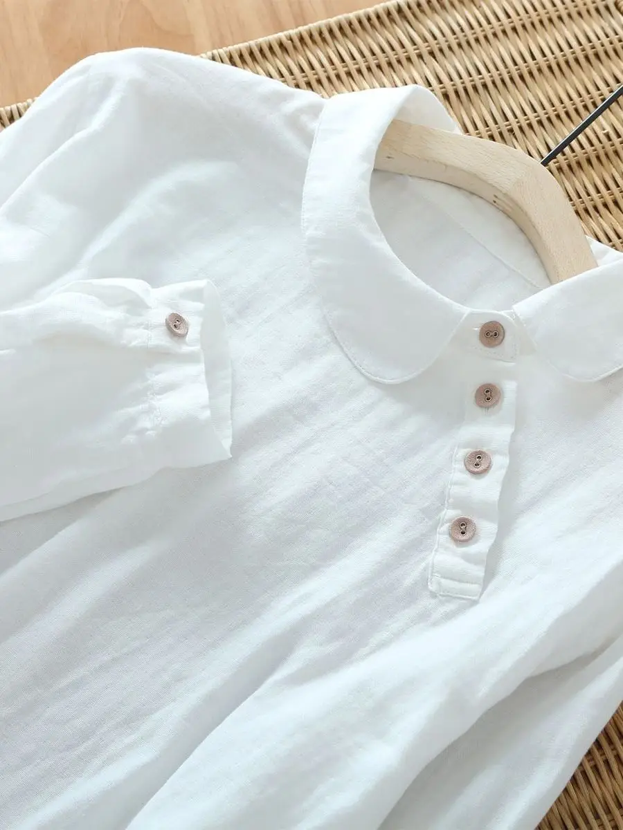 New Chinese Style Long Sleeve White Cotton Shirt Loose Doll Collar Vintage Anti-Aging Pure Cotton Casual Top for Women