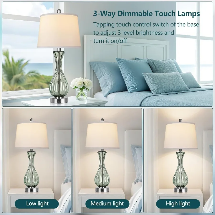 مجموعة مصابيح طاولة زجاجية ساحلية مقاس 27.5 بوصة مكونة من 2 مصباح شاطئ قابل للتعتيم بثلاثة اتجاهات للتحكم باللمس بالكامل مع منفذ USB A + C بجانب السرير البحري الزجاجي L #2