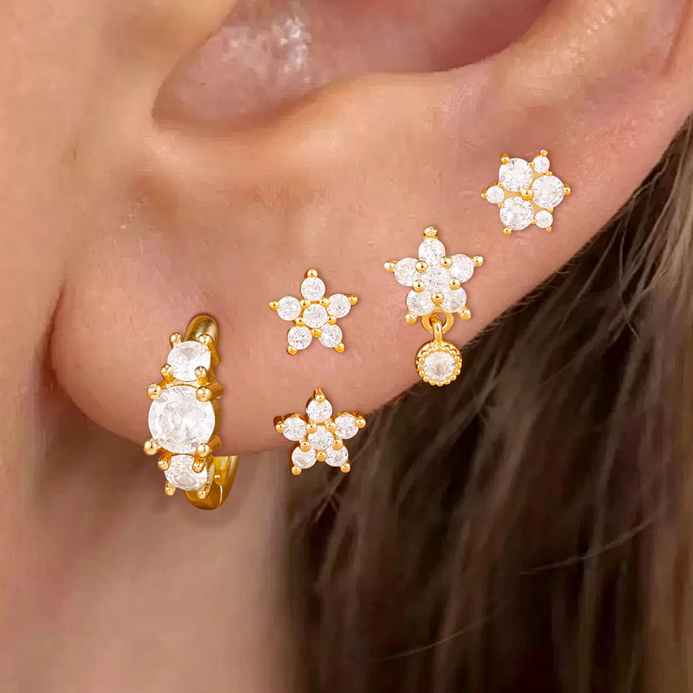 4-teiliges/8-teiliges Set französischer Design-Zirkon-Doppelblumen-Ohrhänger für Damen, geometrische Creolen, koreanischer Modeschmuck – Detail 3