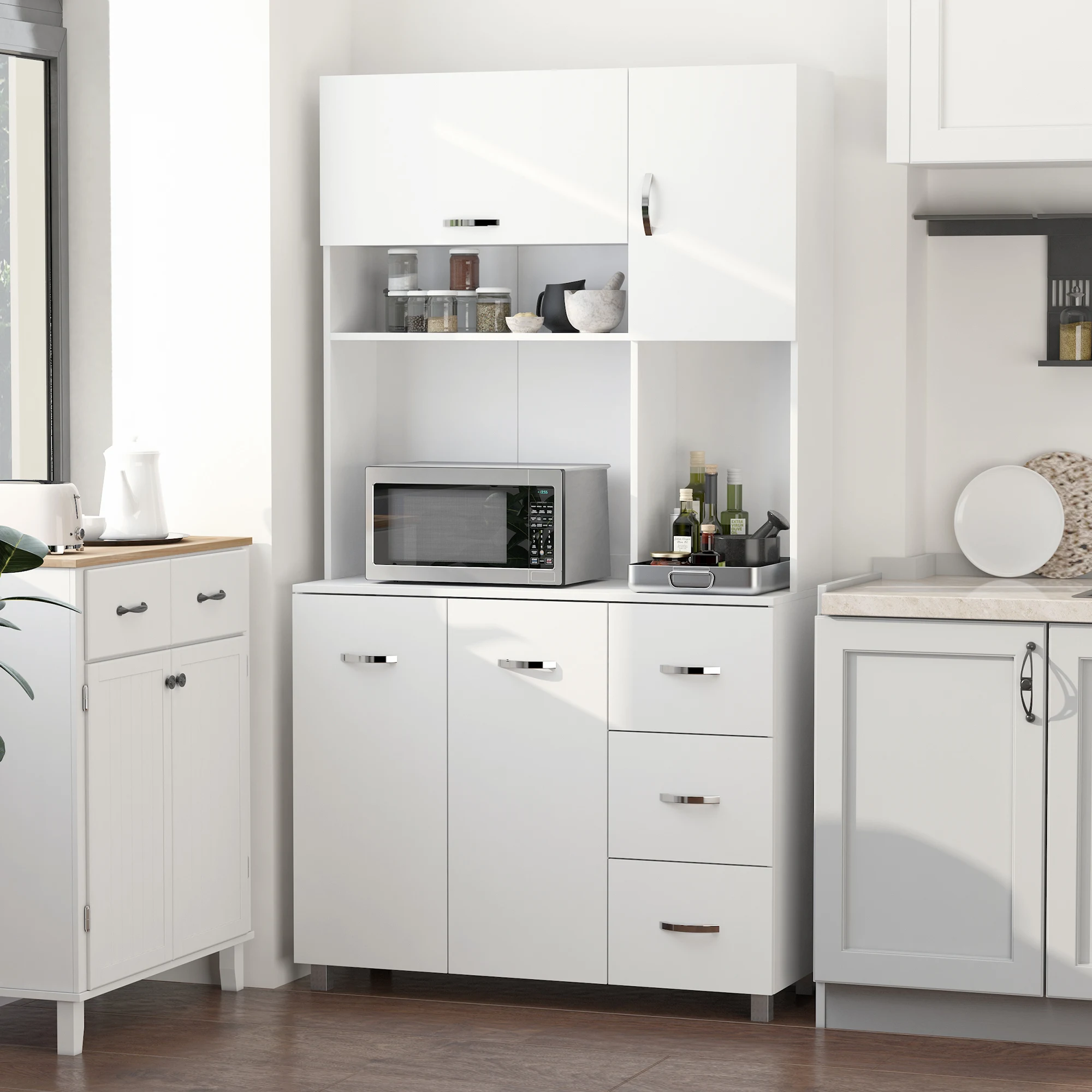 HOMCOM kitchen cupboard with 3 drawers 4 doors 100x39,5x183,5 cm White