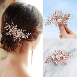 Rose Gold Color Crystal Pearl Flower Leaf Hair Comb Clip Hairpin Headband For Women Bride