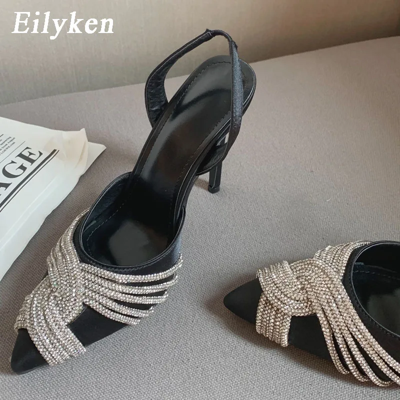 Eilyken Glitter Steentjes Zijde Vrouwen Pumps Kristallen Mode Satijn Lente Hoge Hakken Slingbacks Sandalen Feest Prom Schoenen