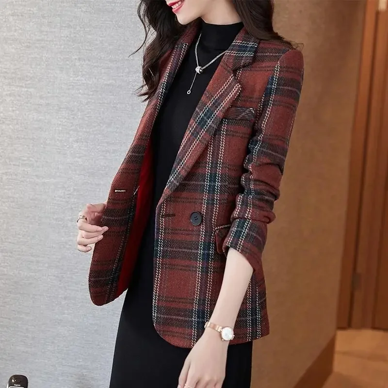 Red Plaid Suit Jacket Female 2022 Spring Autumn New Casual Vintage Woolen Small Suit Elegant Lady Office Blazers Women Outerwear