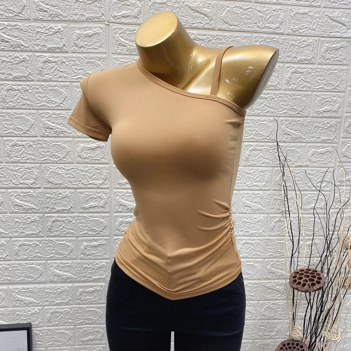 Sexy Single Shoulder Sleeve T-Shirt Thin Transparent Body Shape Highlighting Short Sleeve Commute Style Korean Version Love P...