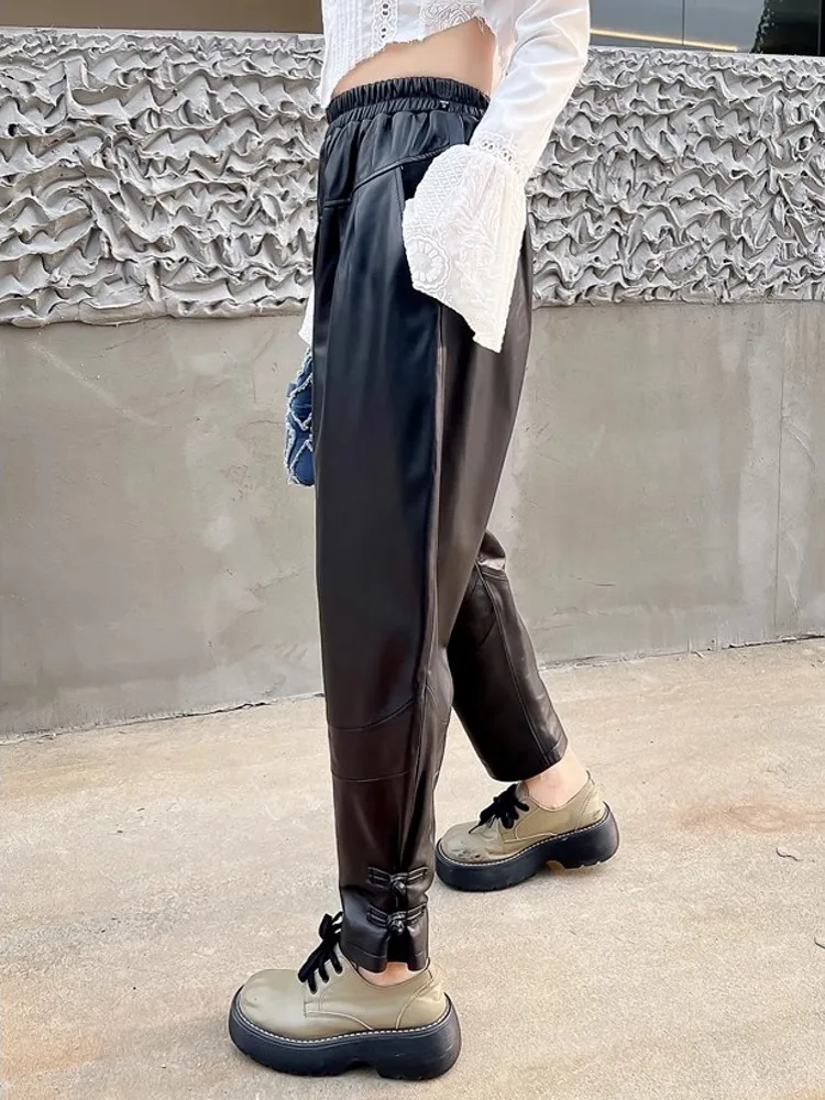 Pantalon en cuir véritable de mouton imprimé Floral pour femmes, sarouel Baggy Vintage, taille élastique, coupe ample, pantalon de jogging Vintage