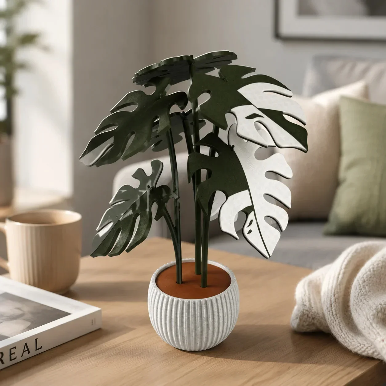 Fake Plant Coaster Split Leaf Printed Indoor Living Room Office Home Decoration Cup Mat White Green Dark Green Gift