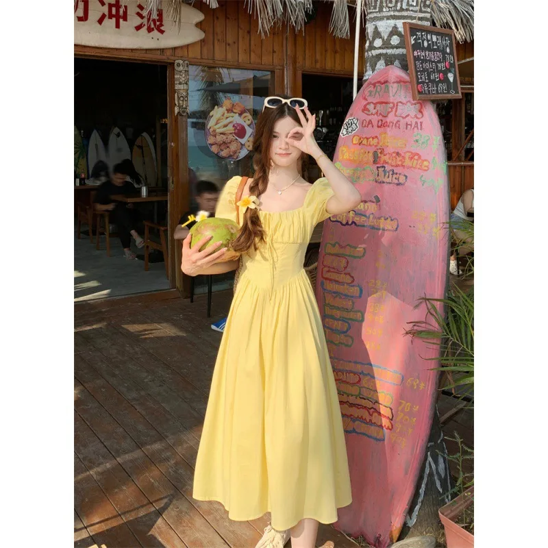 Y2k Summer Fold Yellow Dress French Puff Sleeve Dresses One Piece Slim Dress Women\'s Long Dresses Solid Casual Fashion Clothes