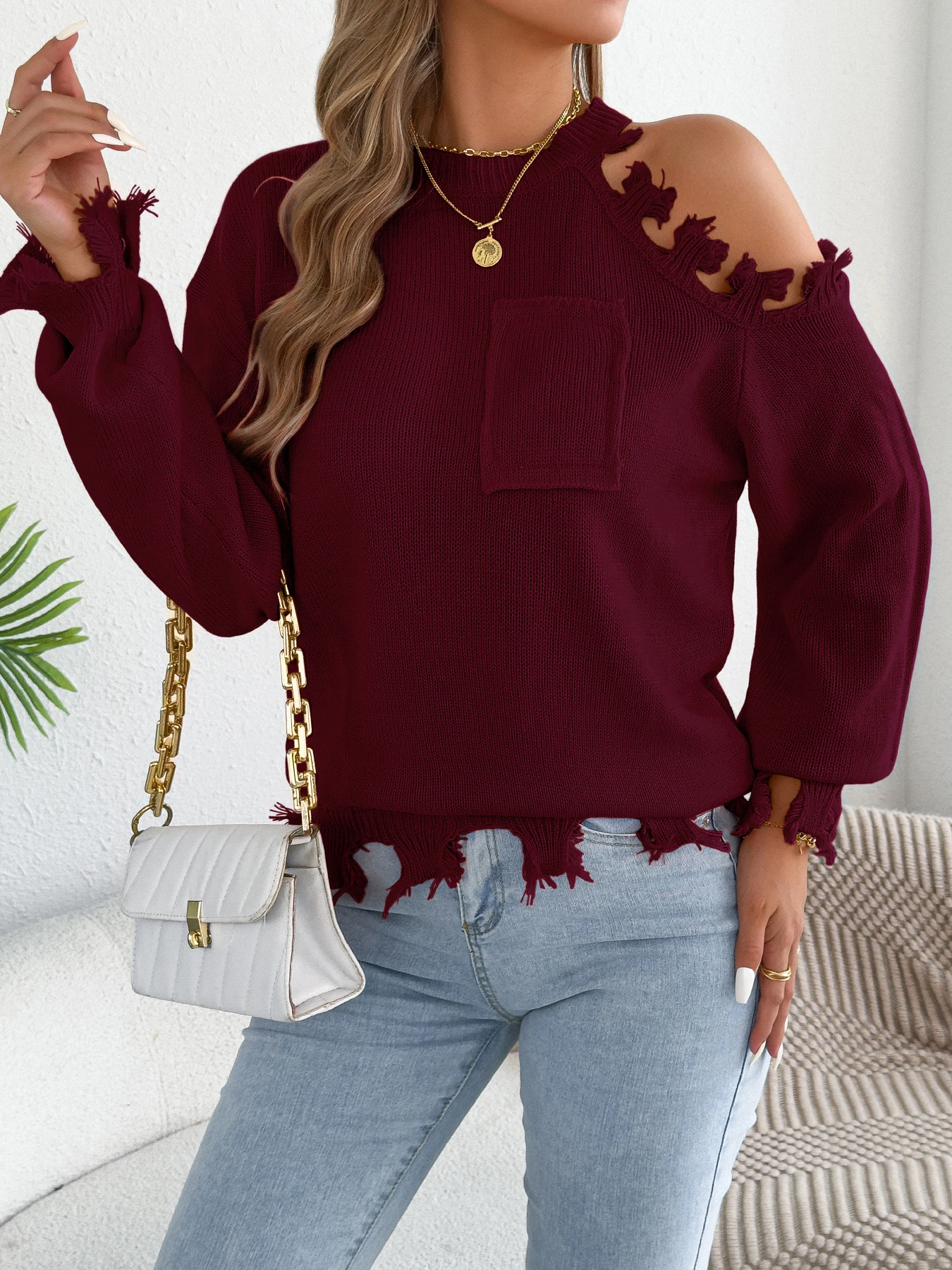 

Women's Elegant Off Shoulder Tassel Knitted Sweaters 2026 New Fashion Solid Color Lantern Long Sleeve Pullover for Autumn Winter