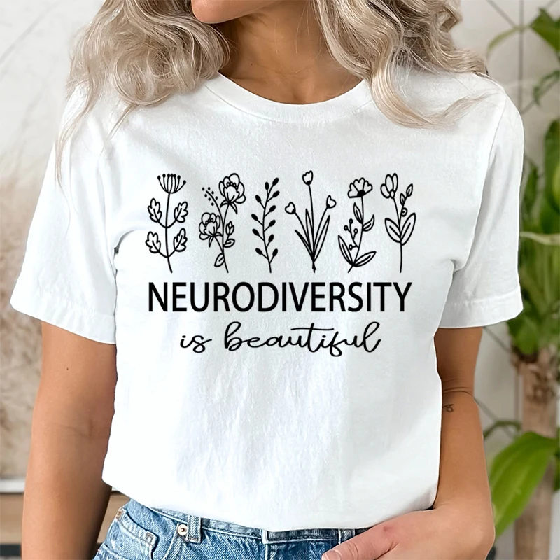 Women's Clothing Flower Neurodiversity Is Beautiful Graphic T Shirts Flower Print Autism Awareness Teacher Short Sleeve T-shirt