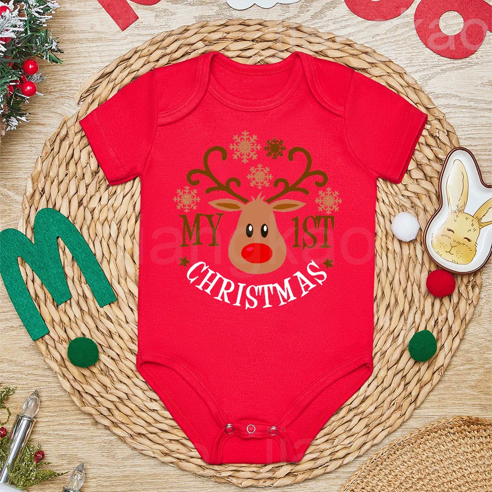 My 1st Christmas Romper Deer Printed Baby Bodysuit Baby's First Christmas Outfit Newborn Cotton Jumpsuit Toddler Baptism Clothes