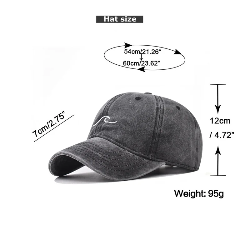 Wave Ripple Embroidery Baseball Cap Solid Color Washed Cotton Dad Hats Simple Vintage Hip Hop Hats For Women Men Snapback Caps