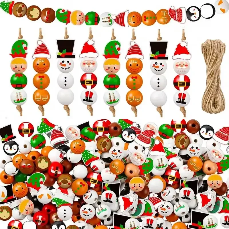 48/80Pcs Christmas Wooden Beads Santa Claus Gingerbread Man Elf DIY Garland Bracelets Xmas Tree Hanging Ornament Home Decoration