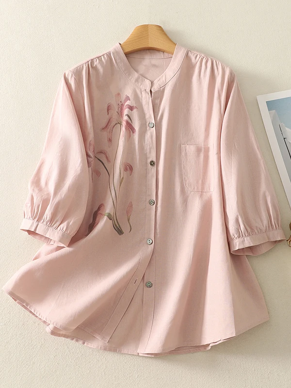 

Summer 2025 New Loose Cotton Linen Print irt Women's Casual Versatile Top Thin Five-Sve Stand Collar Loose Fit irt
