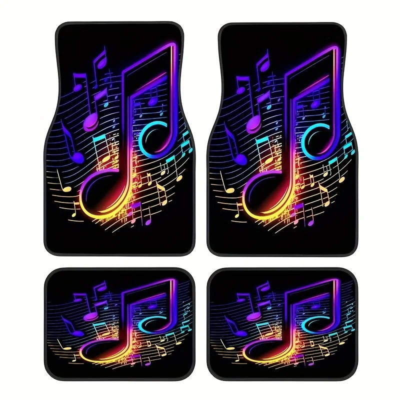4pcs Music Symbol Car Floor Mats - Non-Slip Rubberized Polyester, Vibrant Neon Treble Clef & Note Design, Universal Fit For Fron