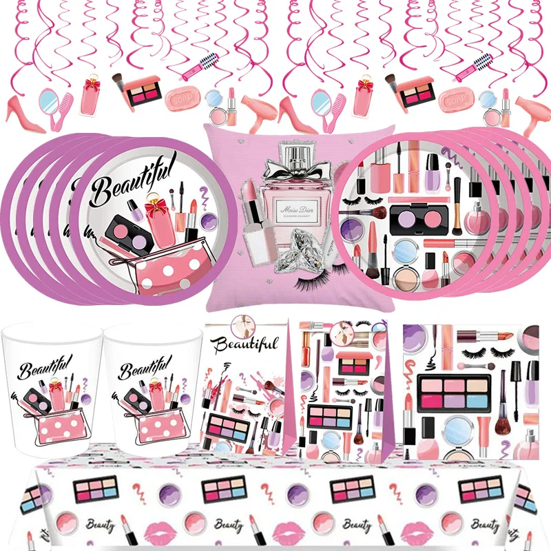 Vaisselle jetable pour fête Spa, cosmétiques, nappe, bannière, rouge à lèvres, ballon en aluminium, décoration de fête d'anniversaire pour filles et femmes