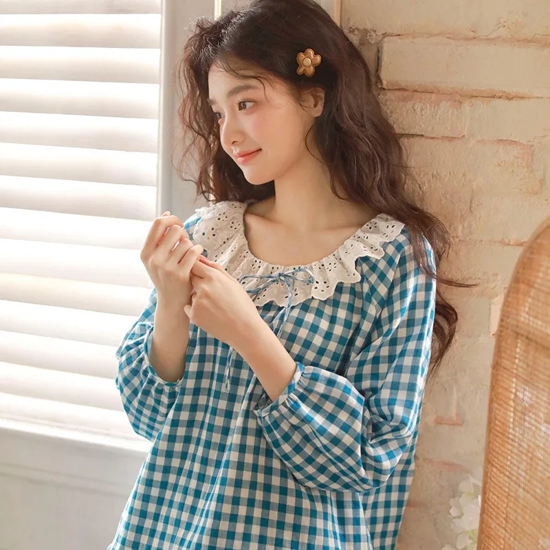 Women's Sweet Double-Layer Cotton Yarn Plaid Pullover Perfect for Spring Autumn Loungewear Nightgown