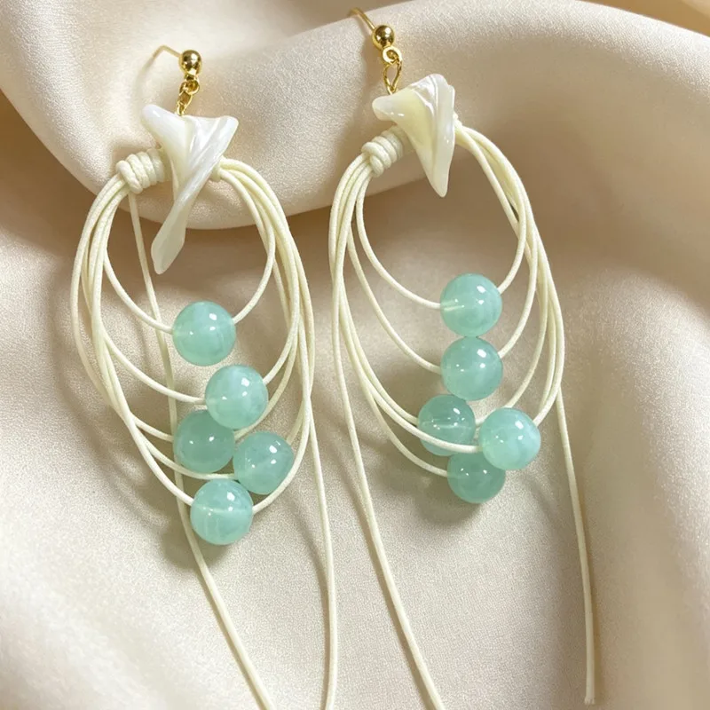 Mutil Layers Lake Green Beads Tassel Dangle Earrings For Female Creative New Beach Holiday Statement Long Earrings Wholesale