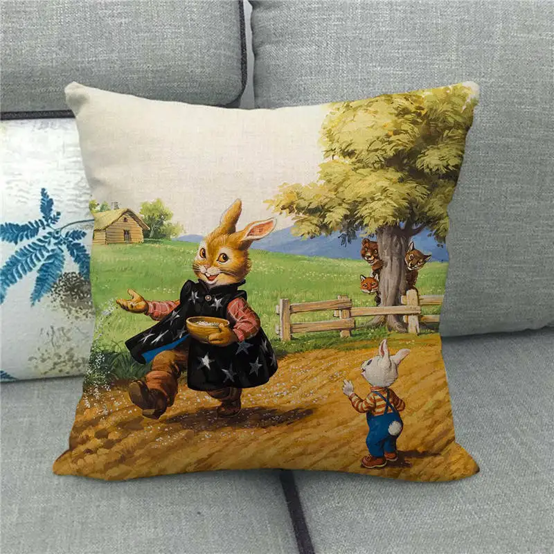 Happy Home Linen Pillowcase Funny Rabbit Easter Egg Print Cushion Cover Pastoral Cartoon Hare Pattern  