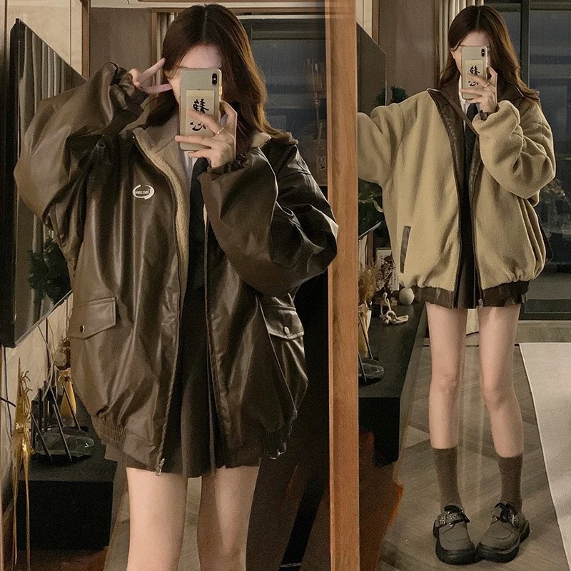 

Fashion Leather Jacket Women Wear on Both Sides Lamb Fleece Coat Thickened Windproof Cuff Warm Stand Collar Winter Cotton Coat