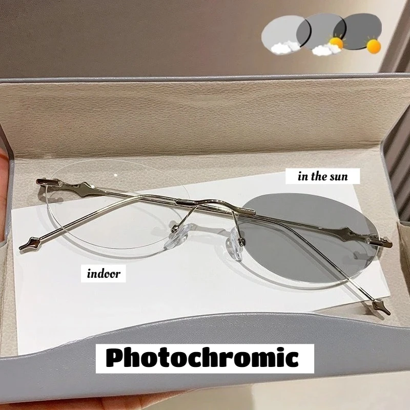 

Ultra-Lightweight Fashion Photochromic Sunglasses New Luxury Frameless Oval Blue Light Blocking Glasses for Men and Women