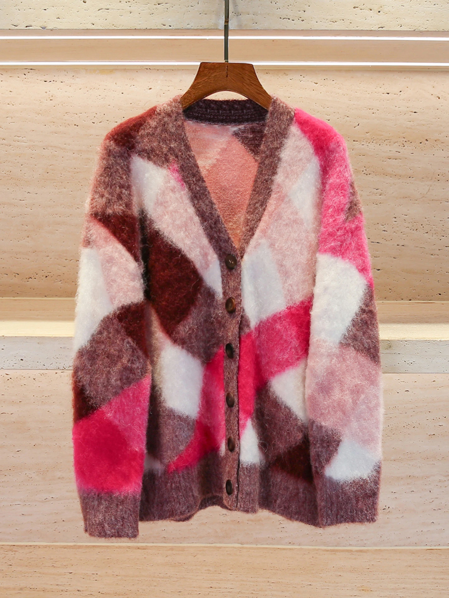 

High-End Women's Plaid Knitted Sweater Coat Lazy Sle Versatile Winter Outerwear Comfortable Breathable V-Ne Long Sve