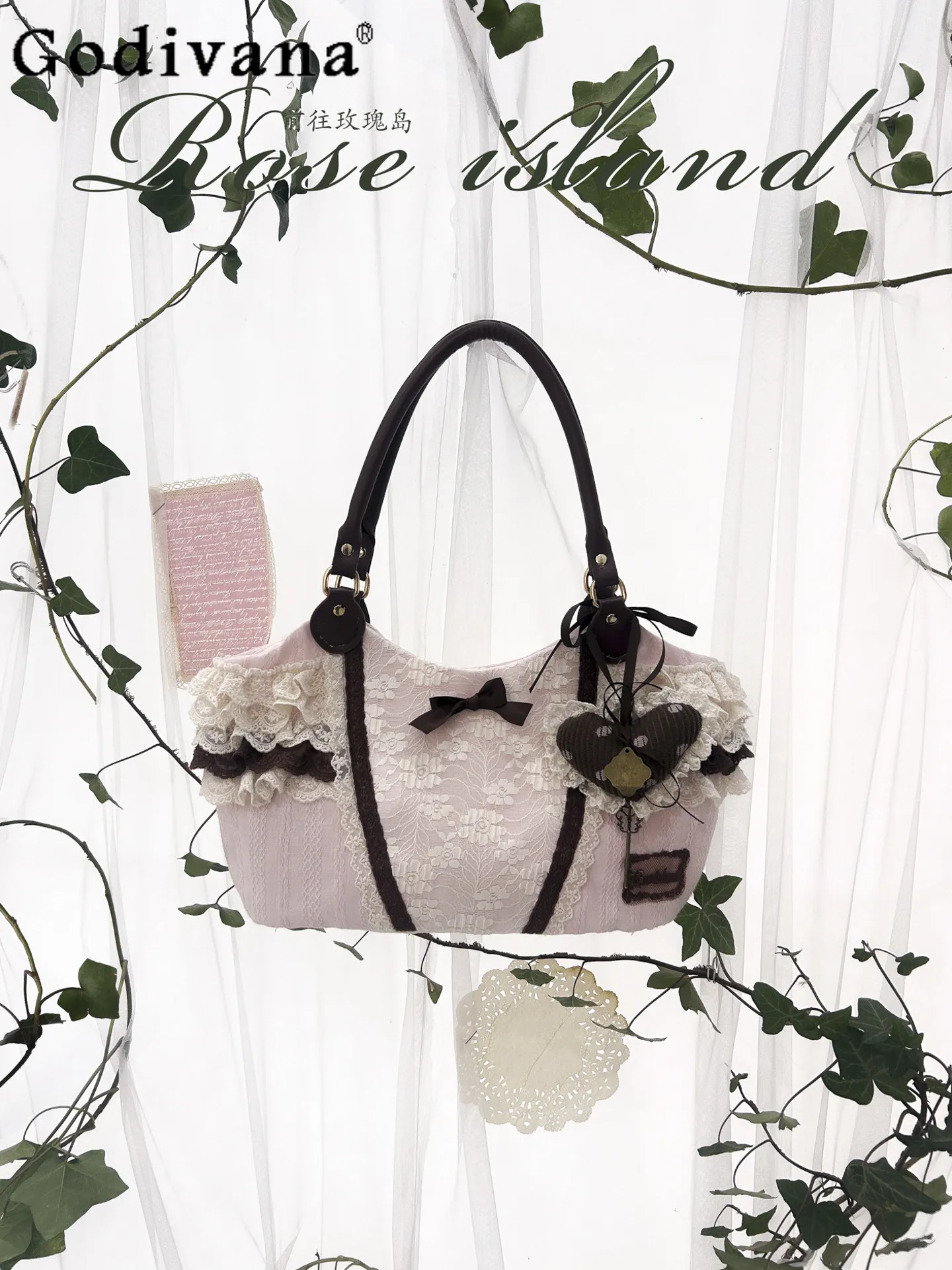 

Japanese Sweet and Cute Girl Mori Feeling Bow Multi-layer Lace Handbag Retro Commuter Casual Versatile Shoulder Bag