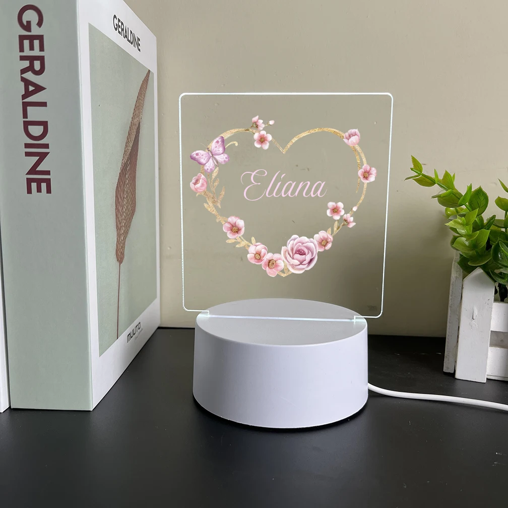 Lámpara acrílica de ilusión de nombre personalizada para decoración de habitación de bebé, flor, corazón, impresión UV, belleza, cumpleaños, novia,