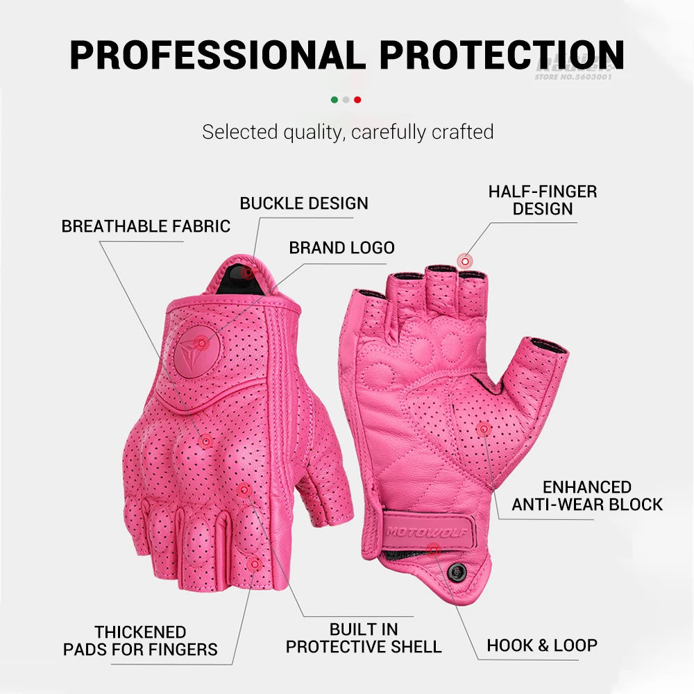 New Summer Half Finger Short Gloves Leather Motorcycle Gloves Women Girl Female Breathable Vintage Pink Yellow Guantes Biker