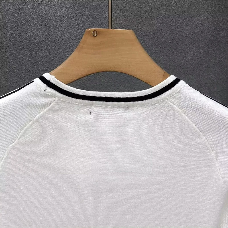 Irregular Lines Herren-Strick-T-Shirt, Sommer, Schwarz, Weiß, Kontrastfarbe, Rundhalsausschnitt, kurze Ärmel, atmungsaktives Strick-T-Shirt – Detail 19