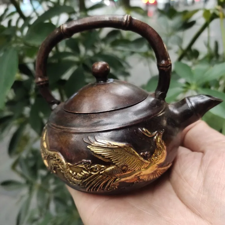 Antique bronze collection, antique brass, gilt dragon and phoenix, beam, wine pot, teapot pulp, old way, home tea ceremony ornam