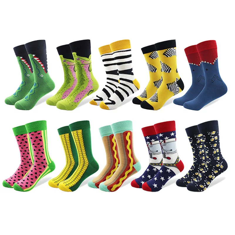 10 Pairs/Lot Men\'s Funny Colorful Combed Cotton Happy Socks Multi Pattern Animal Stripe Cartoon Dot Novelty Skateboard Art Socks