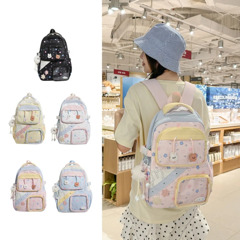 Portable nylon schoolbag with cute five-pointed star transparent window - DIY ita bag - large capacity women's travel backpack