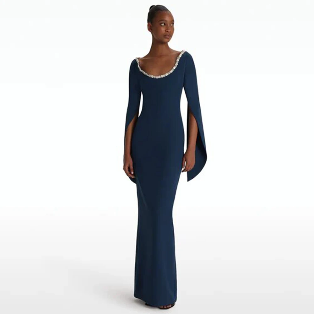 

Formal Evening Gowns Navy Blue Jersey Rhinestone Bespoke Occasion Gown Column&Sheath O-Neck Long Dresses