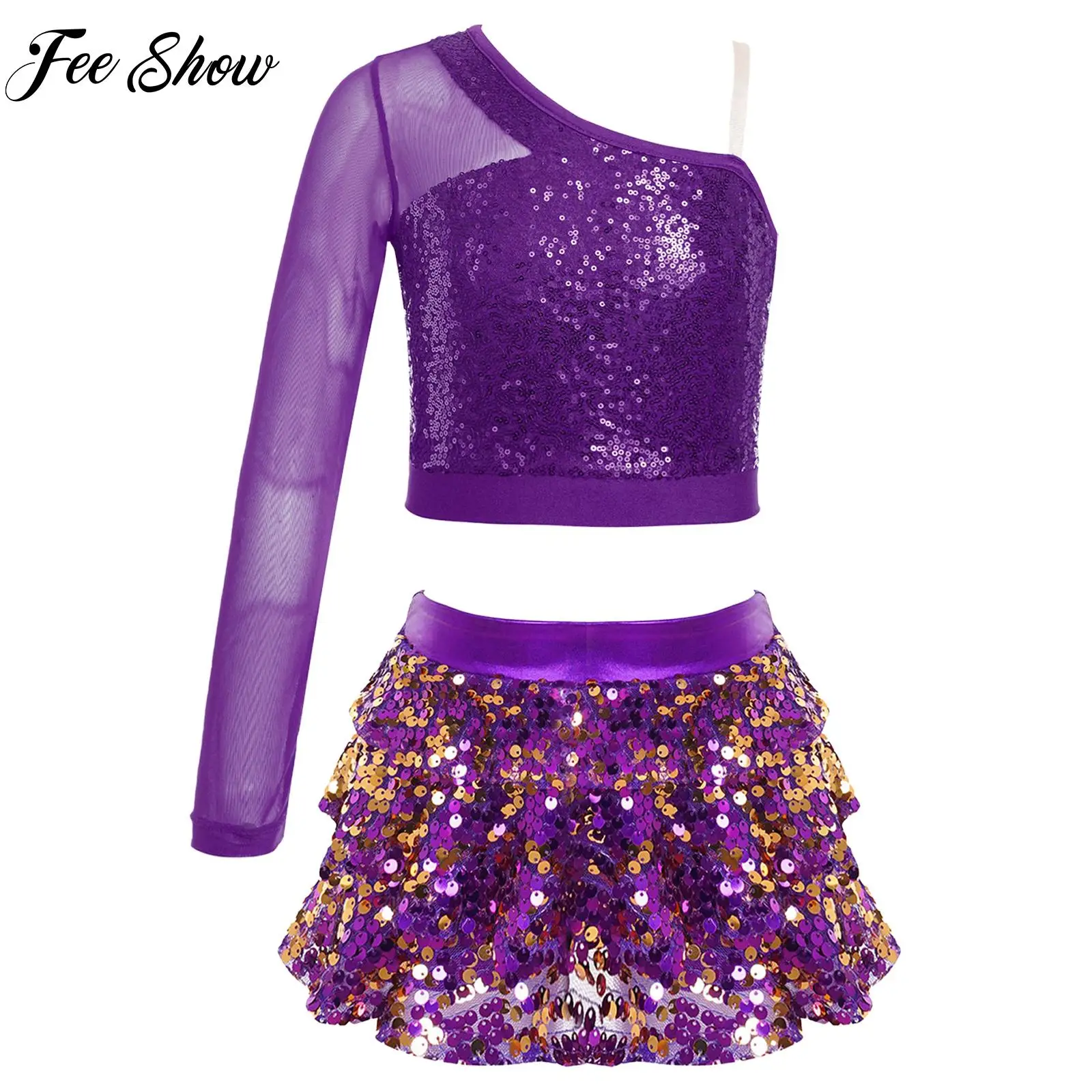 Kids Girls Jazz Dance Costumes Sets Long Sleeve One Shoulder Crop Top with Culottes Cheerleading Dance Stage Performance Clothes