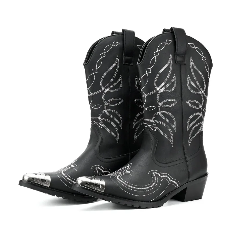 

Men Boots Retro Pointed Tip Casual Cowboy Boots for Men Fashiom Embroidered Metal Head Men Leather Ankle Boots Botas Para Hombre
