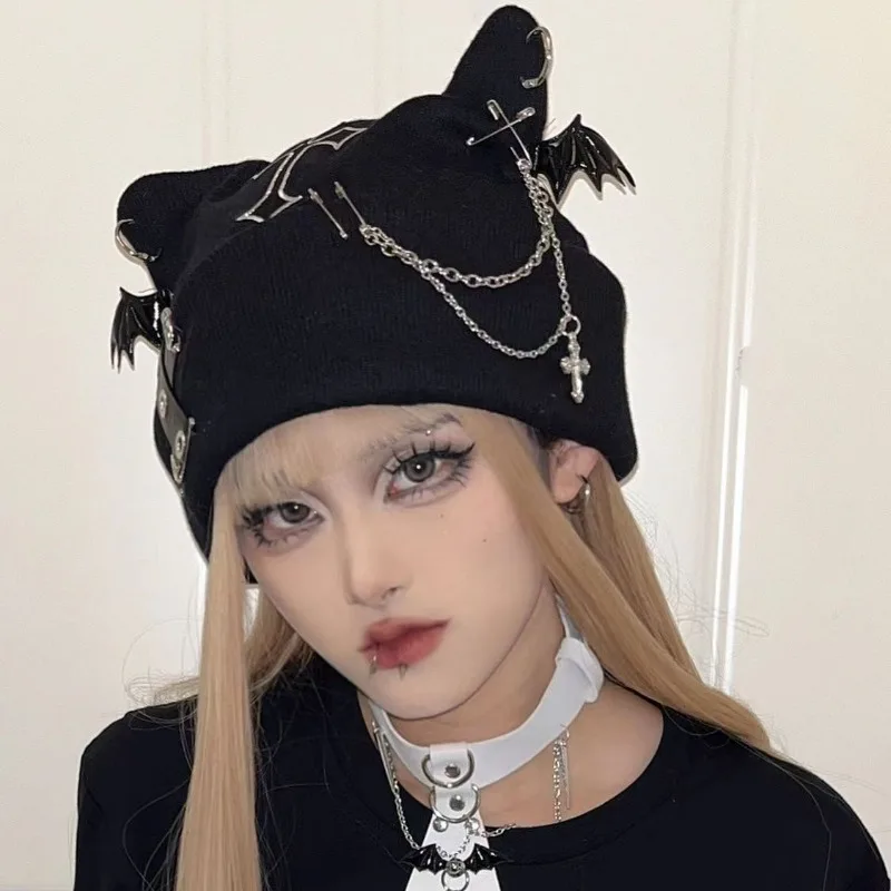 Cute Knitted Black Beanie with Cat Ears, Cross and Skull for Y2K Punk and Gothic Girls