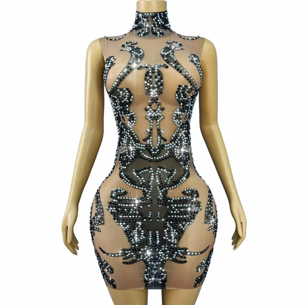 Sexy Nightclub Party Flashing Rhinestones Trim fit Nude Mesh Dress Evening Cocktail Party Gown Perform Photo Shoot Stage Wear