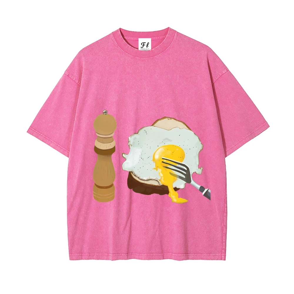 Artistic Vintage Washed Crew Neck T Shirt with Breakfast Illustration Life Style Fun Design  LightweightComfort Fit Daily Wear